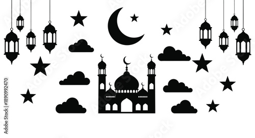 Islamic ramadan theme with mosque, lanterns, moon, stars, and clouds