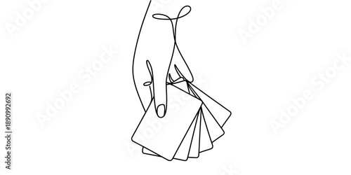 Minimalist continuous line art of a human hand holding several cards Vector, illustration
