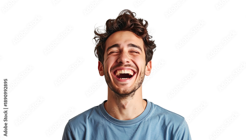 Fototapeta premium A happy young man with curly brown hair laughs with eyes closed against a black background
