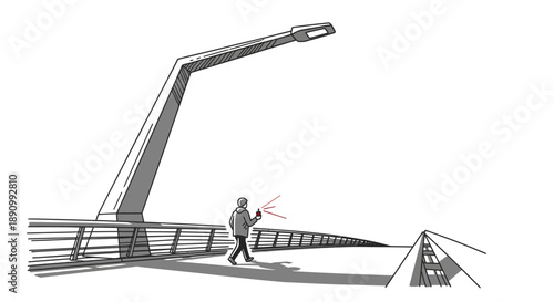 A lone person walks a modern bridge under a striking street lamp, holding a device emitting red light, depicted in a minimalist black and white sketch.