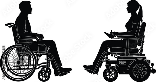 Black Silhouette Vector Set of Disabled Man and Woman Sitting in Manual and Electric Power Wheelchairs for Accessibility and Inclusion