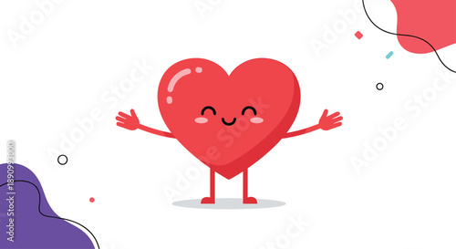 Cute red heart character with open arms and a happy smiling face in a friendly and loving vector illustration.