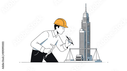 Construction worker building high rise city skyscraper with hard hat and tools