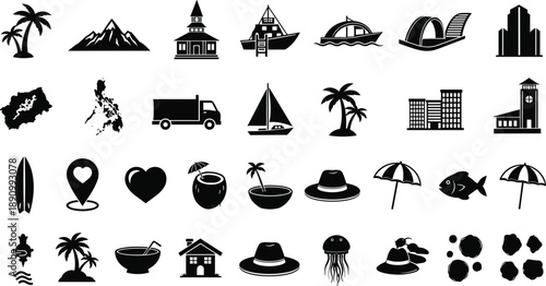 Black Silhouette Vector Set of Travel Vacation Icons Featuring Tropical Palm Trees Mountain Landscapes Boats Buildings Beach Accessories and Destination Maps