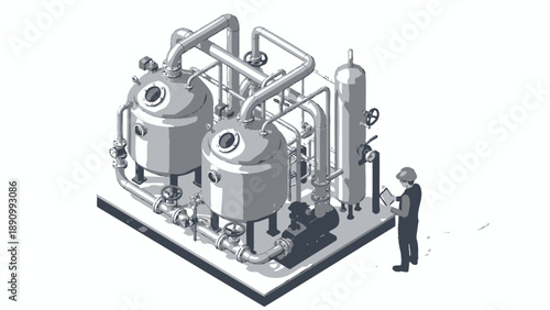 Industrial worker operates complex machinery with pipes and tanks in a factory setting with a white background