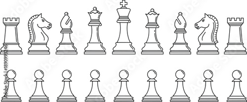 Minimalist Chess Piece Vector Set Featuring King Queen Bishop Knight Rook and Pawn Icons in Clean Black Line Art Style Outlines