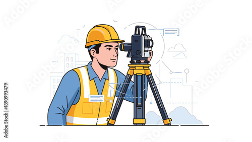 Construction worker with surveyor equipment on tripod in front of blueprint background