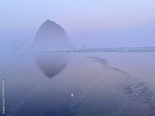 Foggy Dawn at Cannon Beach with Haystack Rock Under Purple Sky and Full Moon