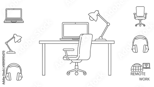 Remote work setup with laptop chair lamps and headphones for productivity and comfort