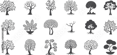 Diverse Tree Species Silhouette Grid Various Botanical Forms for Landscape Planning and Art