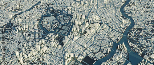 3D render map of Tokyo city view. 3D illustration of an aerial view of Tokyo, Japan.