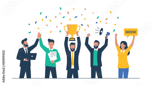 Diverse team celebrating success with trophy confetti and megaphone in office