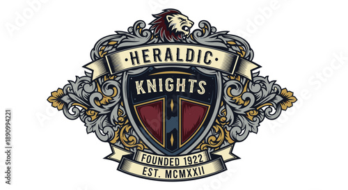Heraldic Knights Crest with Shield and Banner.