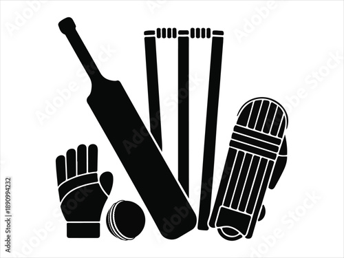 Cricket Equipment Icons: Bat, Ball, Wicket, Gloves, Pads - Vector Silhouette