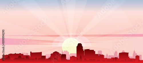 Red panoramic poster of the city skyline with misty background buildings, sunrise, moon and clouds of TIJUANA, MEXICO