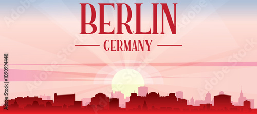 Red panoramic poster of the city skyline with misty background buildings, sunrise, moon and clouds of BERLIN, GERMANY