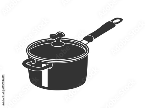 Saucepan with Lid and Handle, Black Silhouette on White Background, Kitchenware