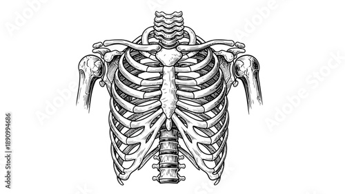 Detailed illustration of human ribcage and shoulder bones from front view in black and white