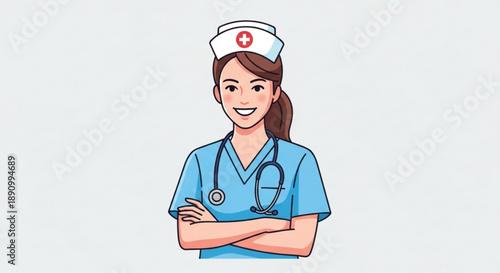 Smiling female nurse in blue scrubs and white cap with red cross standing confidently with arms crossed on plain background