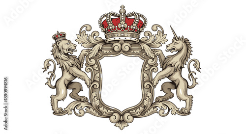 Ornate Crest with Crown and Mythical Creatures.