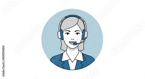 Female customer service representative wearing a headset in a blue suit and white shirt