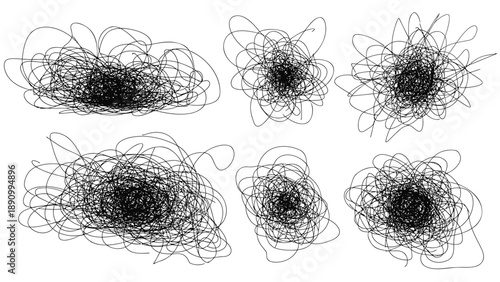 Black scribbles forming six chaotic floral patterns on white background with dark centers