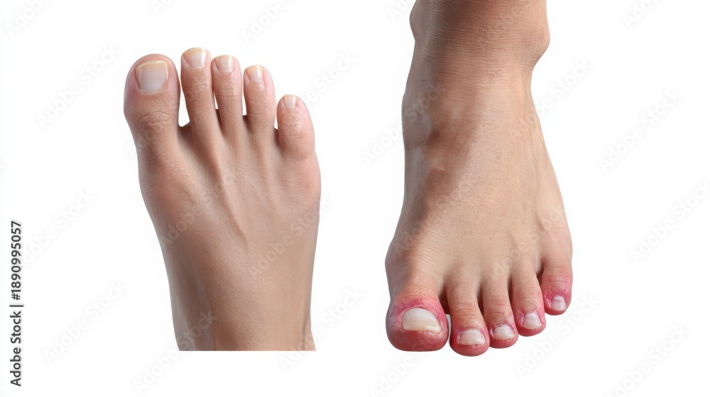 Obraz premium Close-up of bare feet, one foot with visible redness and irritation, the other foot healthy, accompanied by a small bouquet of dried flowers, illustrating foot health and care