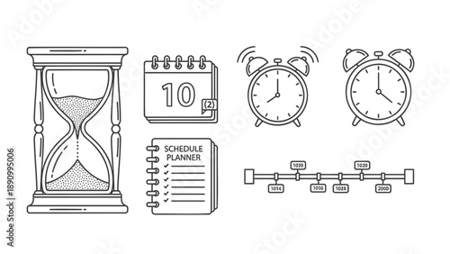 Time management icons with hourglass clocks calendar and schedule planner