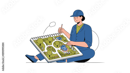 Person in blue uniform examining a landscape design plan on a notebook with a magnifying glass