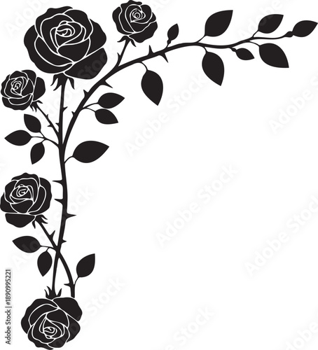 Elegant black rose stem with thorns and leaves forming a decorative corner element ideal for invitations borders