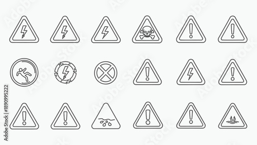 Collection of warning signs and symbols for danger caution and hazard indication