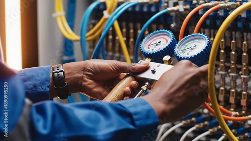 A person working with a gauge and pipes in an industrial setting with various tubes