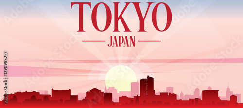 Red panoramic poster of the city skyline with misty background buildings, sunrise, moon and clouds of TOKYO, JAPAN
