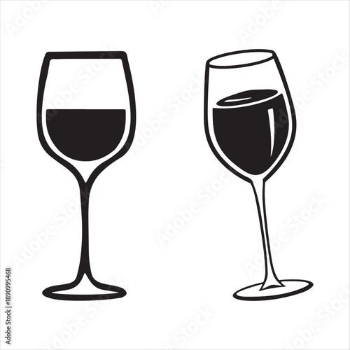 Two Wine Glasses with Red Wine, Minimalist Vector Illustration, Isolated on White