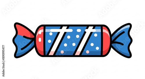 Colorful wrapped candy with blue red and white design on white background