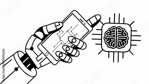 A robotic hand holding a smartphone next to an illuminated brain icon, representing the fusion of technology and intelligence.