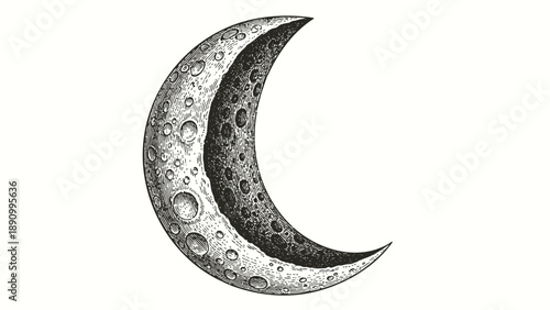Crescent moon phase with craters and texture on white background for astronomy and space concepts