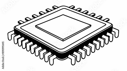 A detailed technical illustration of a microchip from an isometric viewpoint showing its pins and internal structure
