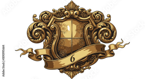 Ornate Gold Crest with Ribbon and Number Six.