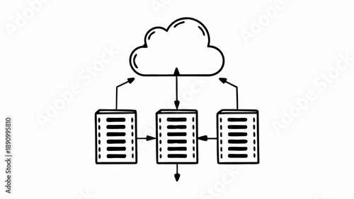 Cloud computing illustration showing data synchronization between servers and cloud storage in a networked environment from a high-level viewpoint