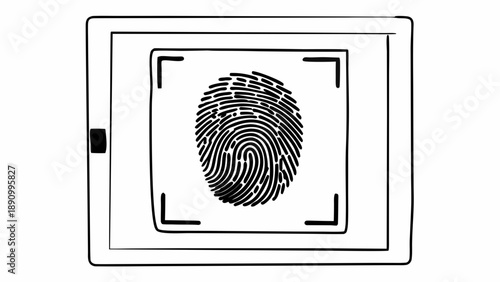 A detailed digital illustration of a fingerprint scan displayed on a sleek, modern device screen viewed directly from the front.