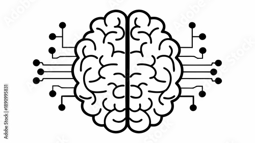 Illustration of a human brain with circuit lines and nodes, symbolizing artificial intelligence and technological advancement, viewed from the front.
