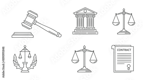 Law and justice icons including gavel scales court building and contract document
