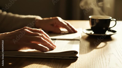 Person reading a book with a cup of coffee on a wooden table in a cozy setting with warm lighting and a peaceful atmosphere