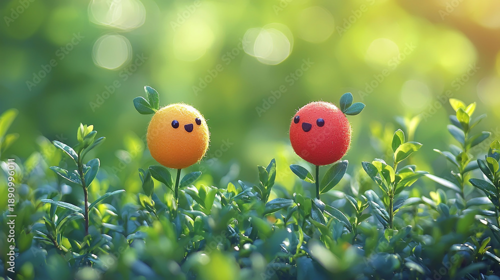 Naklejka premium Cute Smiling Plush Toys in Natural Greenery with Sunlight Bokeh Effect