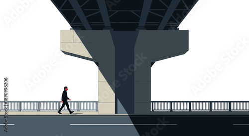 A solitary figure walks along a sunlit pathway beneath the imposing concrete structure of an urban overpass, creating a strong contrast between light and shadow.