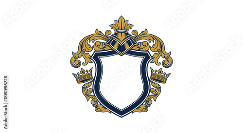 Ornate Golden Shield Crest Emblem Design.