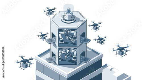 Drone delivery hub tower with multiple drones in flight on white background