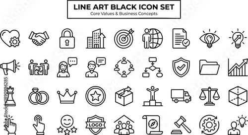 Business Core Values and Leadership Outline Vector Icon Set — Strategy and Growth Editable Stroke Icons for Web and App UI