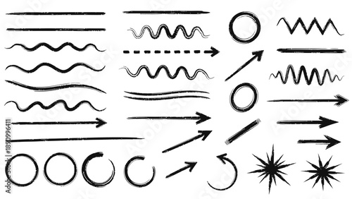 Hand drawn vector illustration set of various lines arrows circles and abstract shapes on white background perfect for graphic design